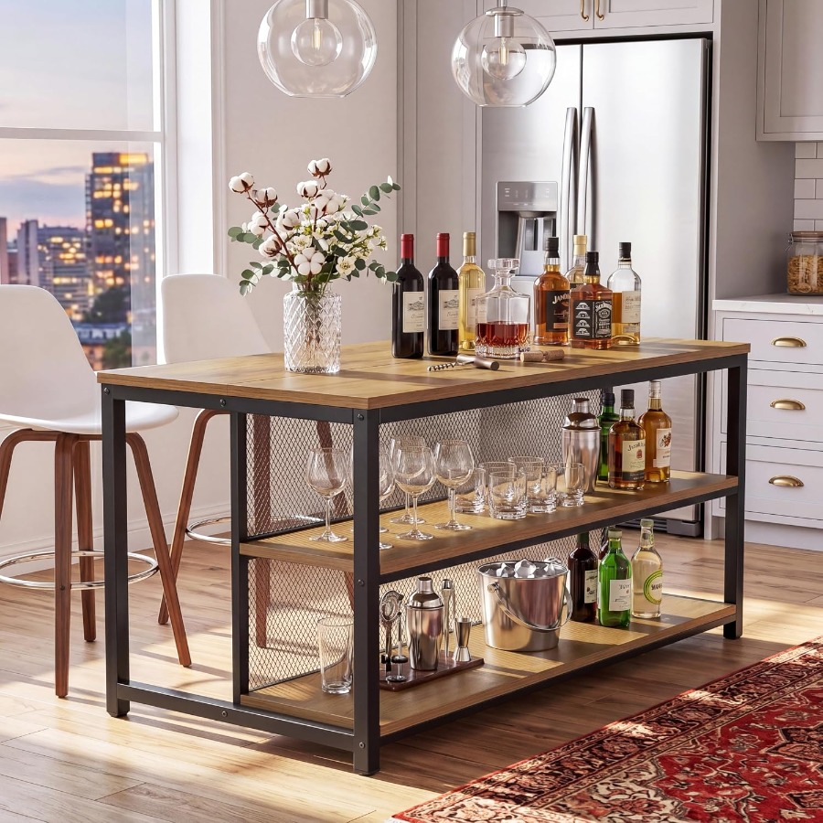 Home Bar Seating - 63 inçlik Bar Masası, Depolama Rafları